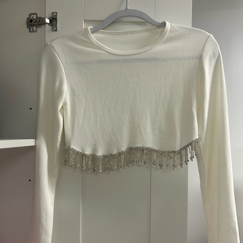 White Long Sleeve Crop Top with Rhinestone Trim